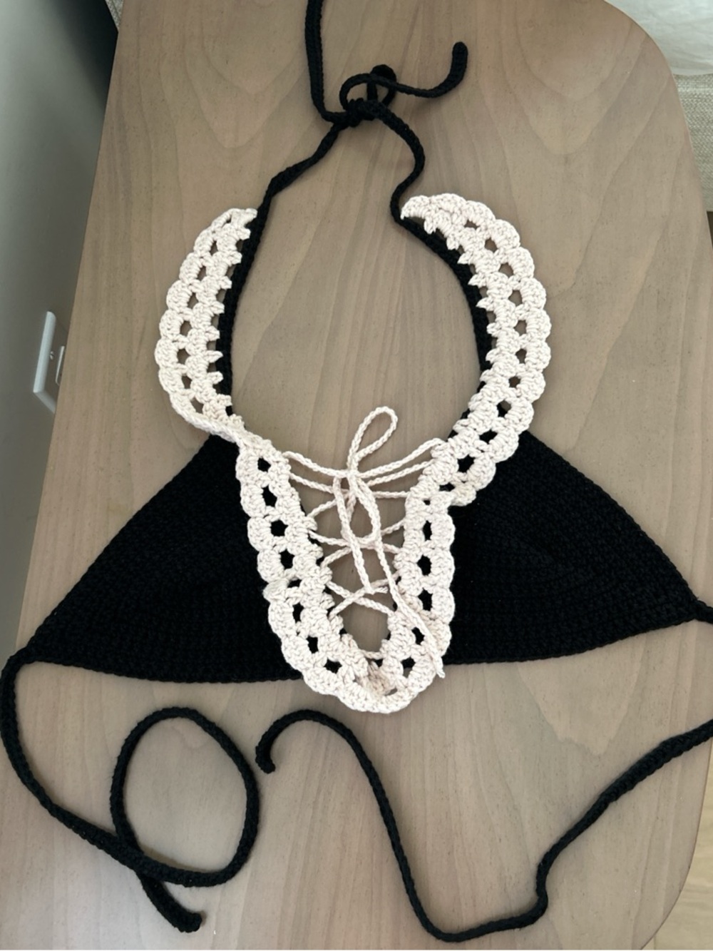 Crochet Lace-Up Halter Crop Top - Black & Cream